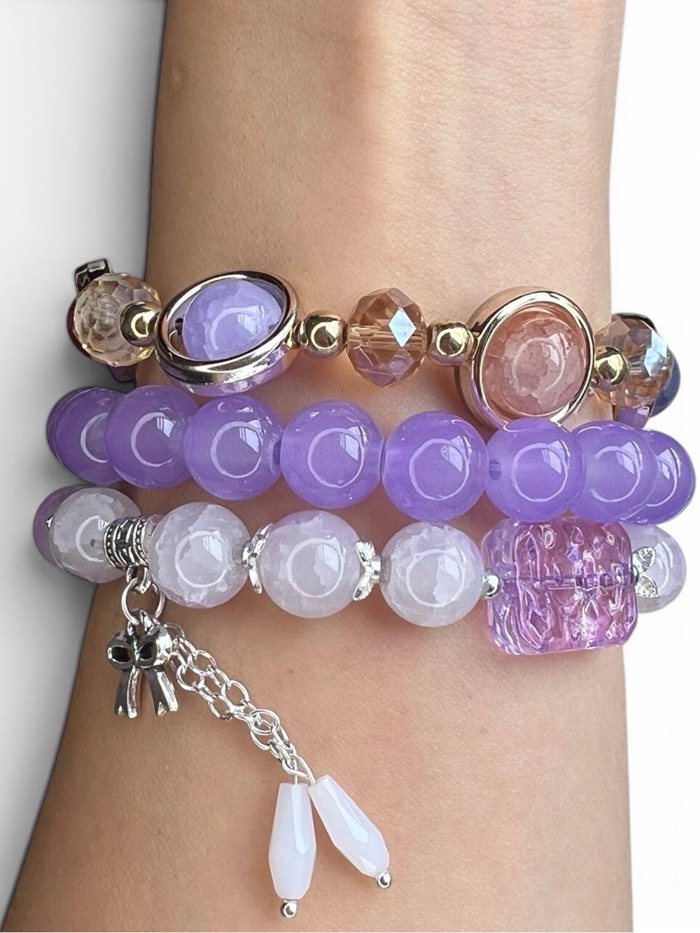 Purple Slab Charm Beaded 3 Pieces Stretch Bracelet Set NWOT